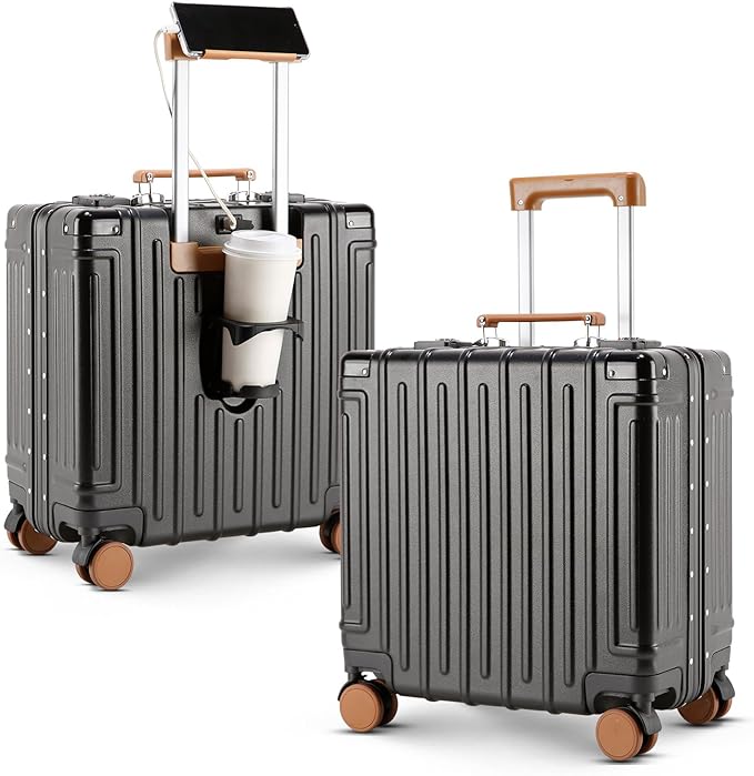 18 Inch Carry On Luggage Suitcase Locks TSA Approved Hardside Lightweight Suitcase with Cup Holder TSA Lock Carry On Luggage with USB Port Phone Holder Suitcases with 360° 8 Double Spinner Wheels