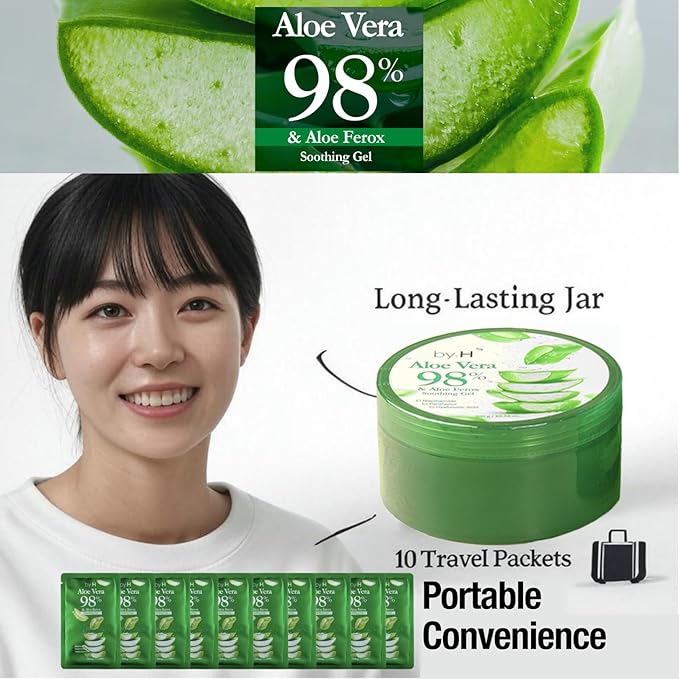 by.H Organic Aloe Vera Soothing Gel - Natural Moisturizer for Skin and Hair, Effective for Sunburns, Razor Burns, More- Gentle, Non-Greasy Formula, Perfect for DIY Skincare [Made in Korea] (Jar+Pouch)