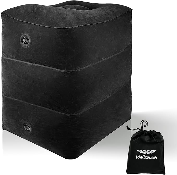 Inflatable Foot Rest Pillow for Travel, Adjustable Height Cushion Kids/Adults Airplane Travel Pillow, Suitable for Trains, Cars, Office, Home Comfort - Black