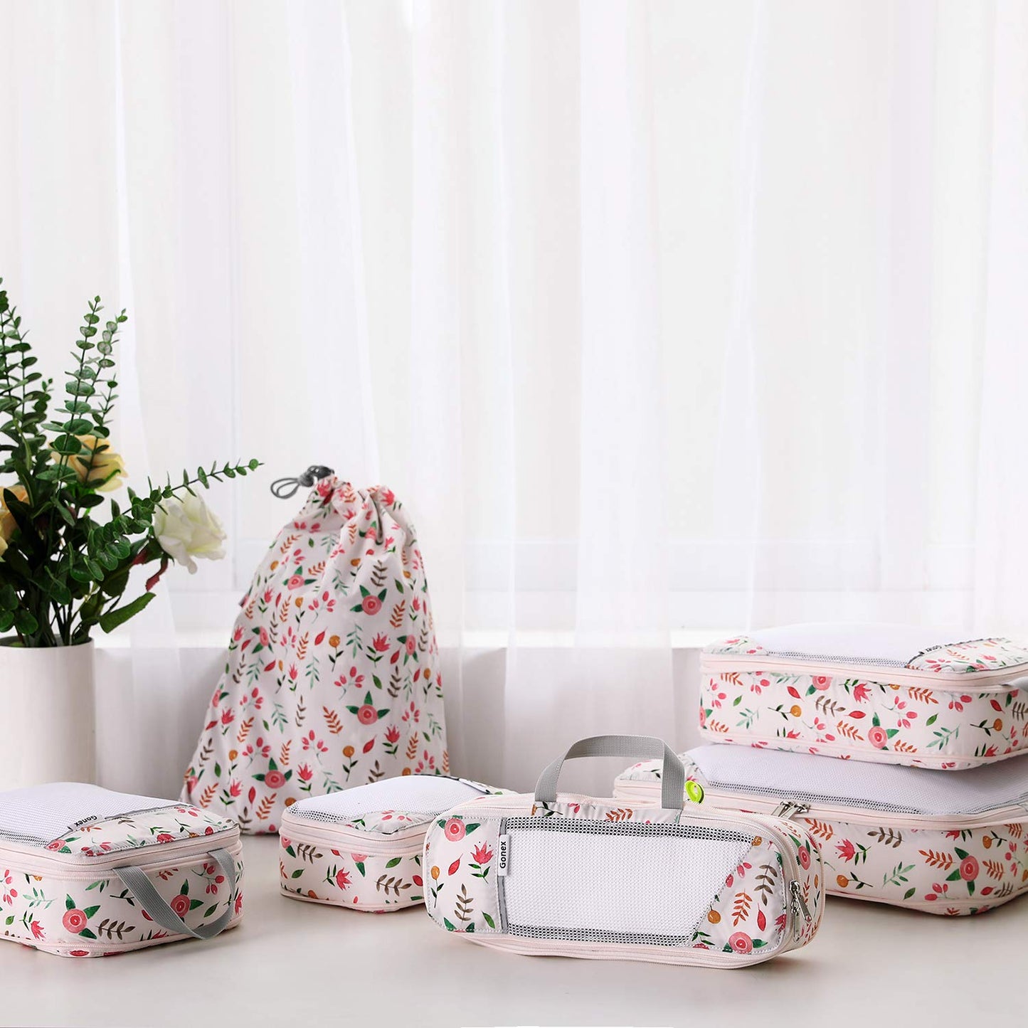 Gonex 6pcs Travel Compression Packing Cubes Set, Extensible Storage Mesh Bags, Water Repellent Polyester Flower Printed Travel Clothes Organizers Luggage Cubes with Laundry Bag (Pink)