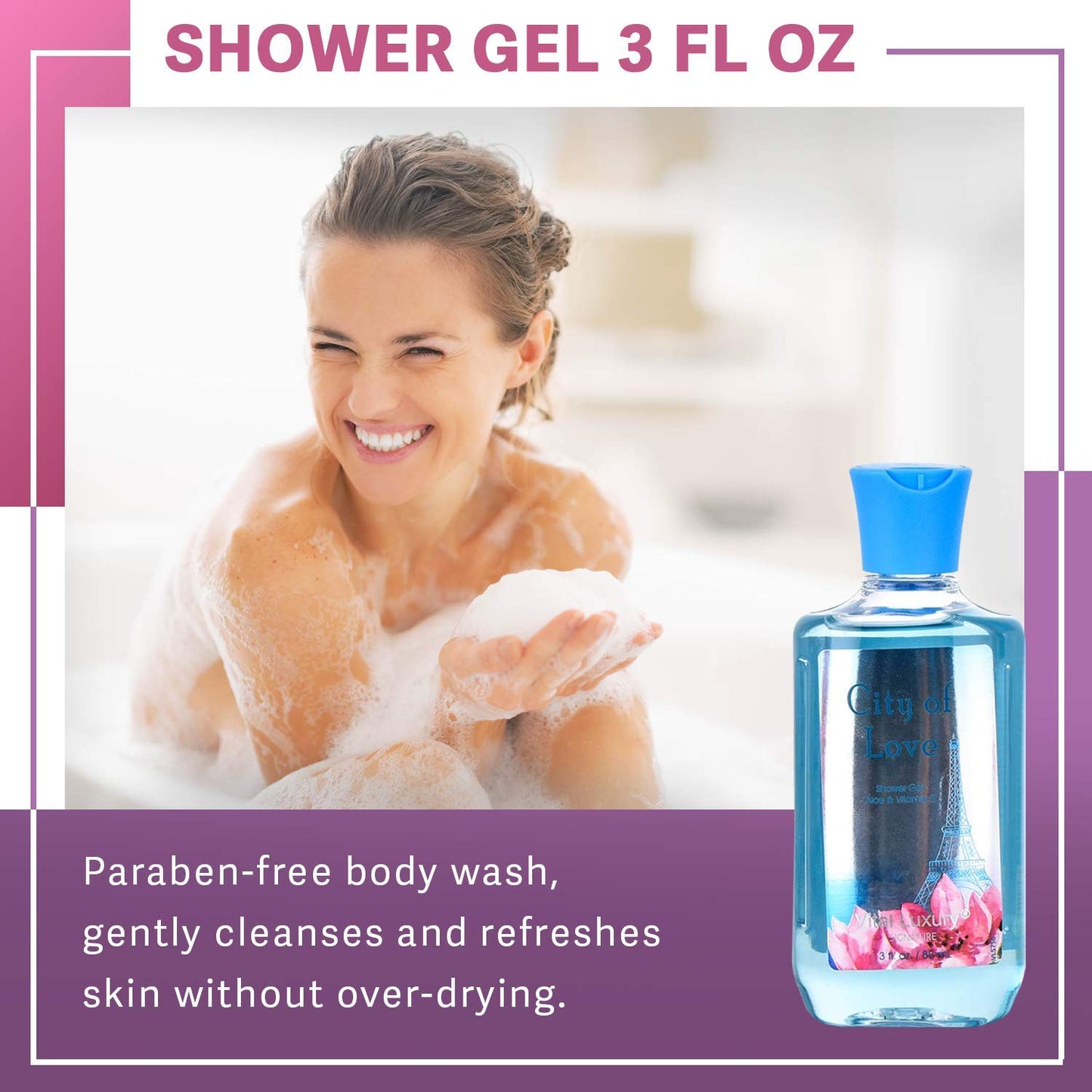 Vital Luxury Bath & Body Care Travel Set - Home Spa Set with Body Lotion, Shower Gel and Fragrance Mist, Personal Body Care Travel Set (City of Love)