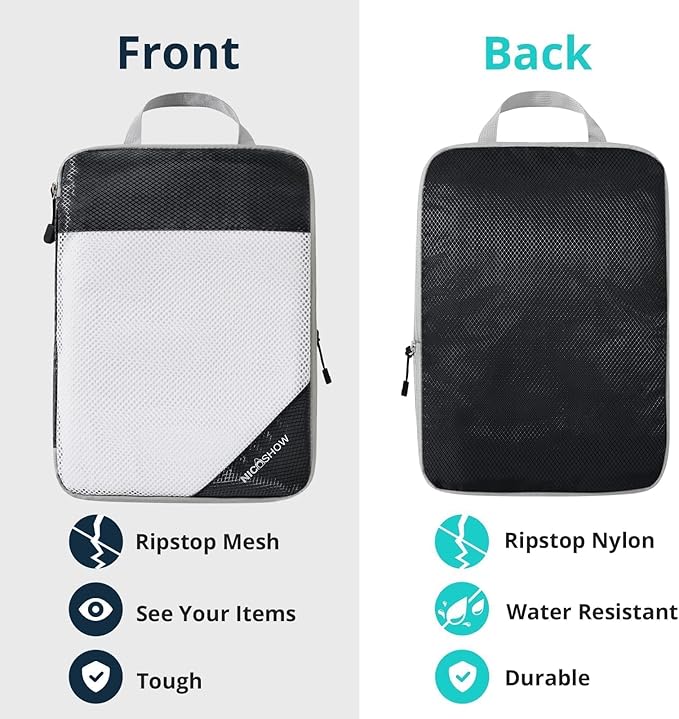 7 Set Compression Packing Cubes for Travel - Compressible, Lightweight, and Space-Saving Packing Cubes, Travel Essentials for Women, Black