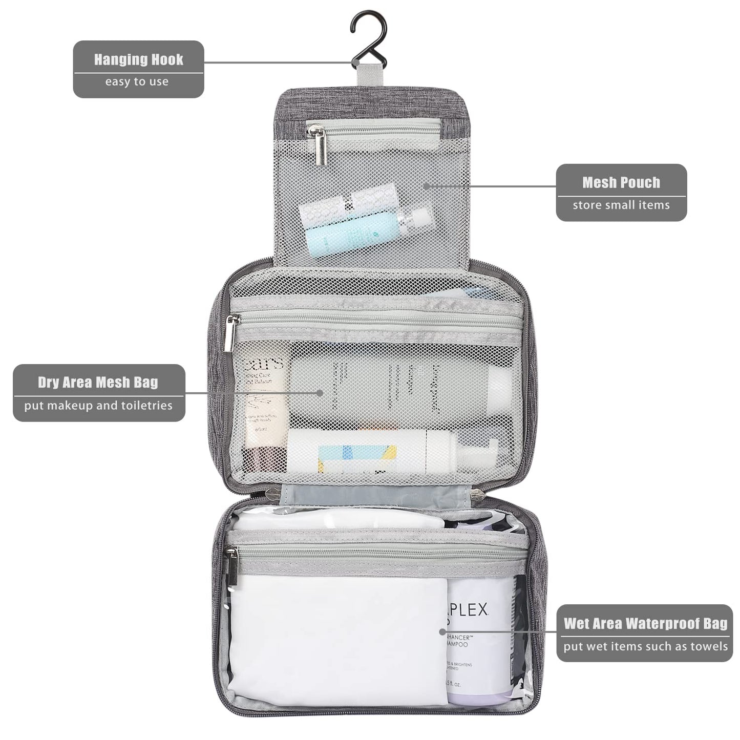 Etercycle Toiletry Bag for Women Men, Waterproof Hanging Toiletry Bags for Traveling, Portable Foldable Travel Wash bag with Hanging Hook, Shaving Bag for Bathroom Shower- Gray