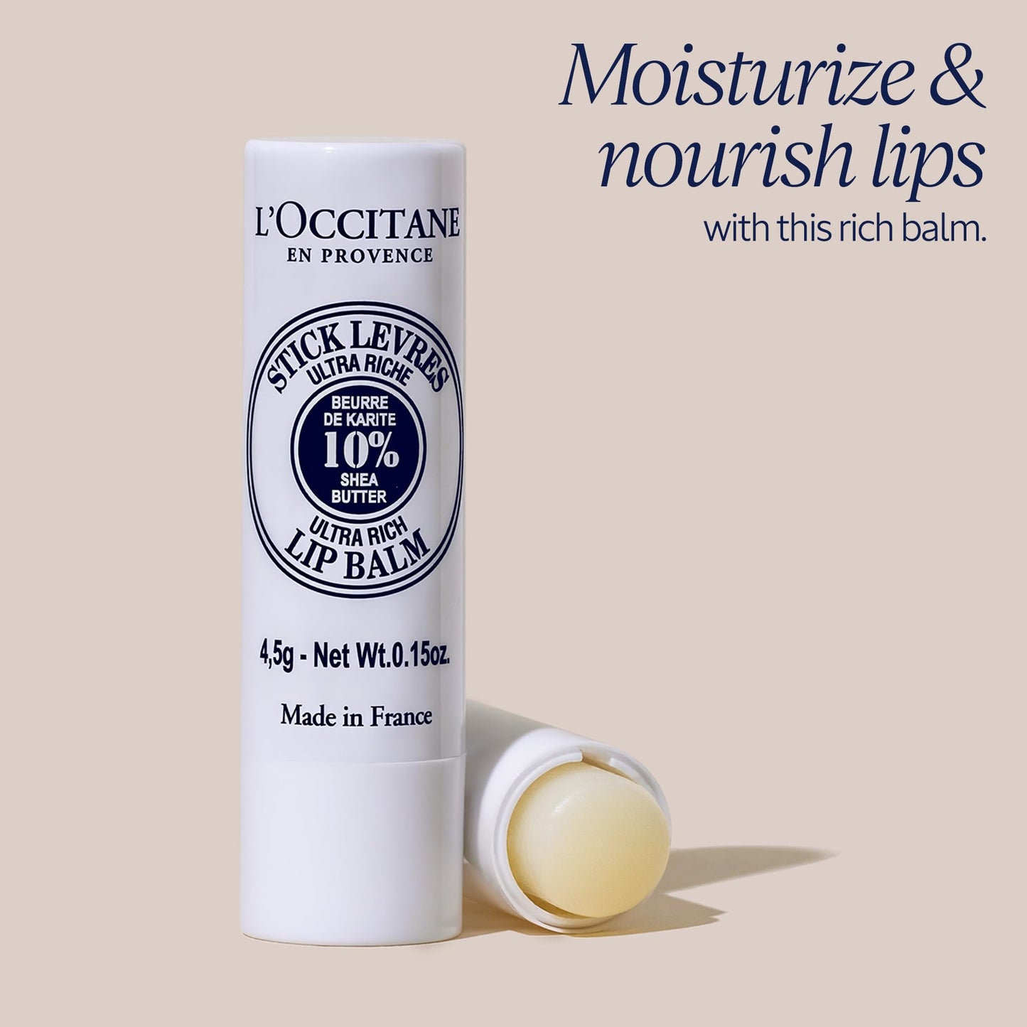 L'OCCITANE 10% Organic Shea Butter Ultra Rich Lip Balm Stick, Moisturizes, Nourishes, Repairs & Softens Dry, Chapped Lips, Long Lasting, Vegan