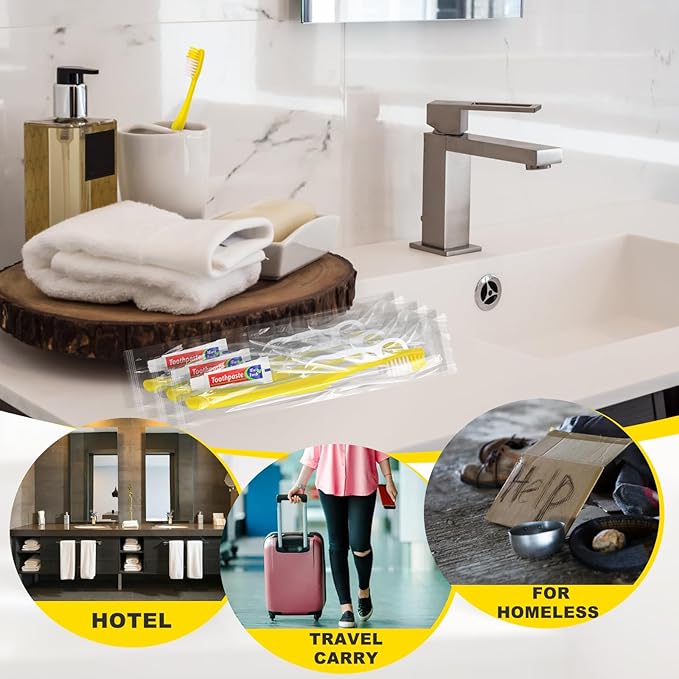 50 pcs Disposable Toothbrushes with Toothpaste and Floss,Yellow Bulk Single Use Toothbrush Floss Pick Individually Wrapped Disposable Travel Toothbrushes Kit for Homeless,Airbnb,Hotel,Guest