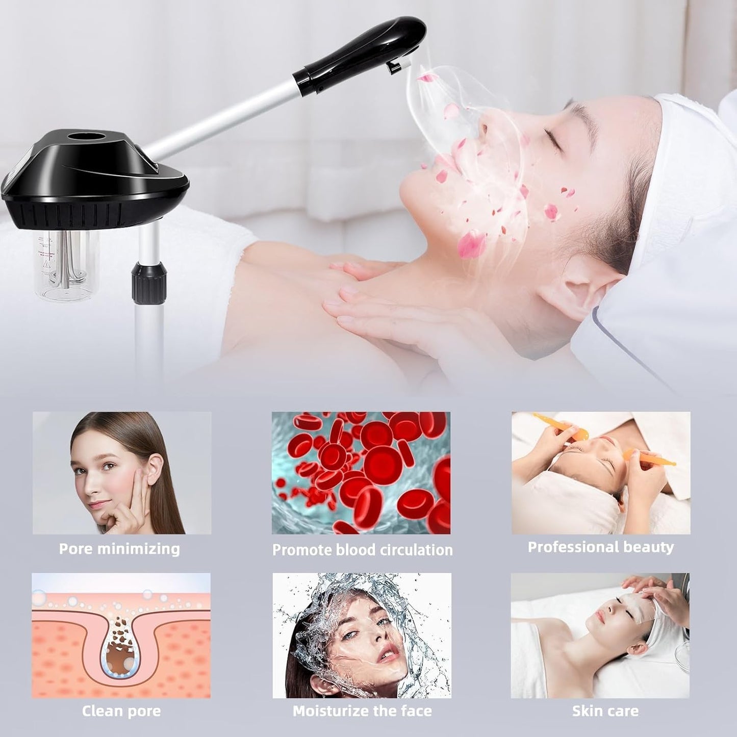 Fuehomue Professional Facial Steamer on Wheels, Facial Steamer for Facial Deep Cleaning, Facial Humidifier for Spa, Adjustable Height for Spa, Salon and at Home Use