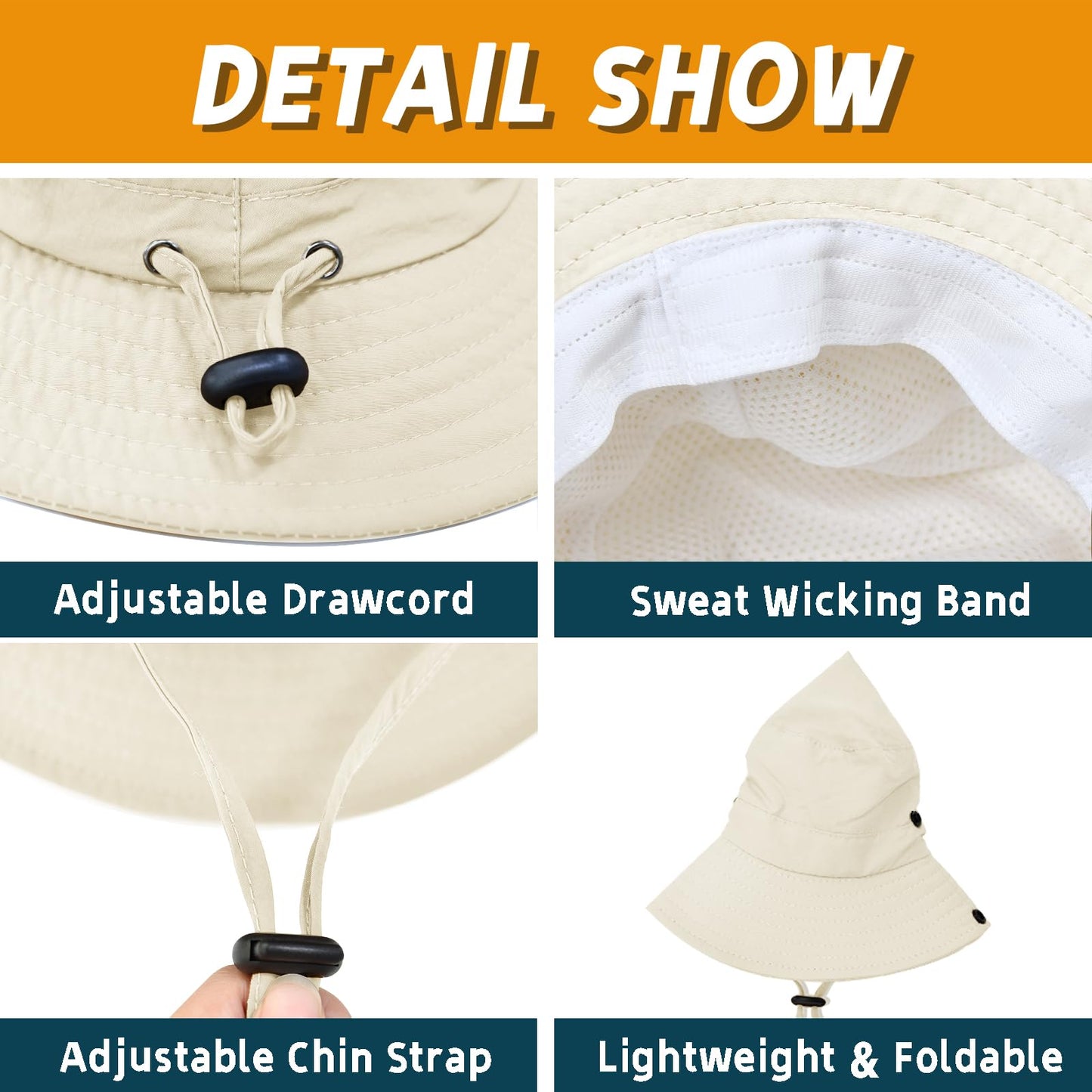 Sun Hats for Men Women Fishing Hat UPF 50+ Quick Dry Foldable Bucket Hat Adjustable Safari Hat for Beach Hiking Beige