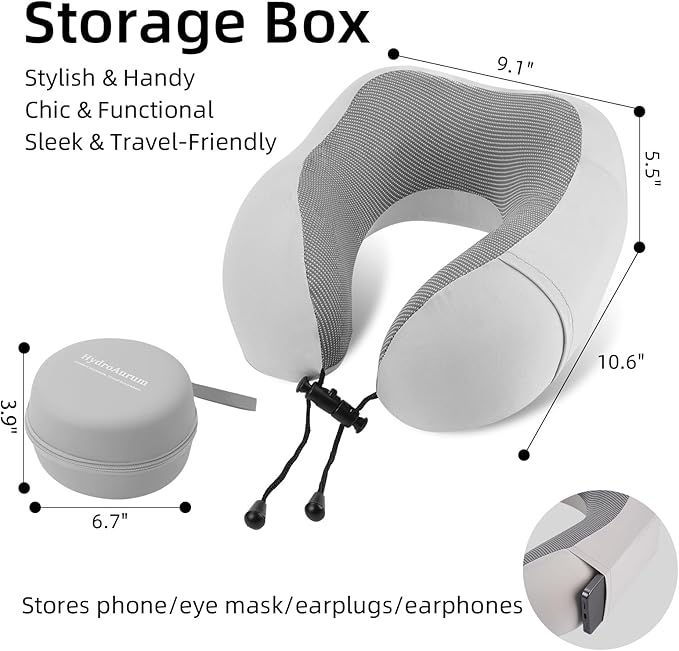 HydroAurum Travel Pillow 100% Pure Memory Foam Neck Pillow for Traveling – Ergonomic Neck Support Pillow for Airplane, Soft & Breathable Cover, Washable & Portable with Travel Bag