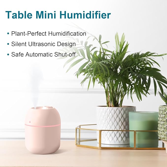 Portable Small Humidifier, USB Personal Desktop Humidifier for Car, Office Room, Bedroom, Auto Shut-Off, 2 Mist Modes, Super Quiet(220ml, Pink)
