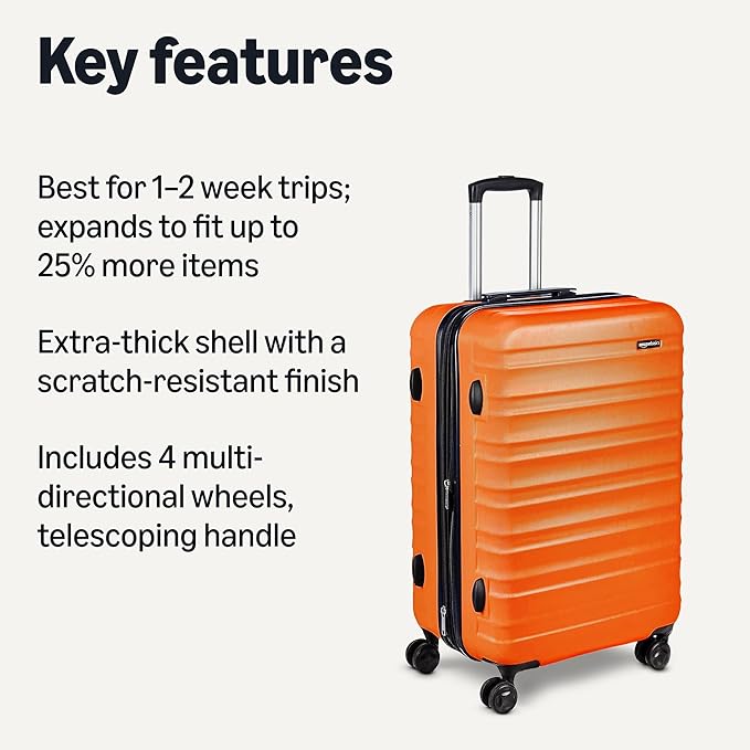Amazon Basics 26" Hardside Medium Checked Luggage, Hardshell Suitcase With Wheels, Expandable For Up to 15% More Space, With Scratch-Resistant Surface, Four Multi-directional Wheels, Orange
