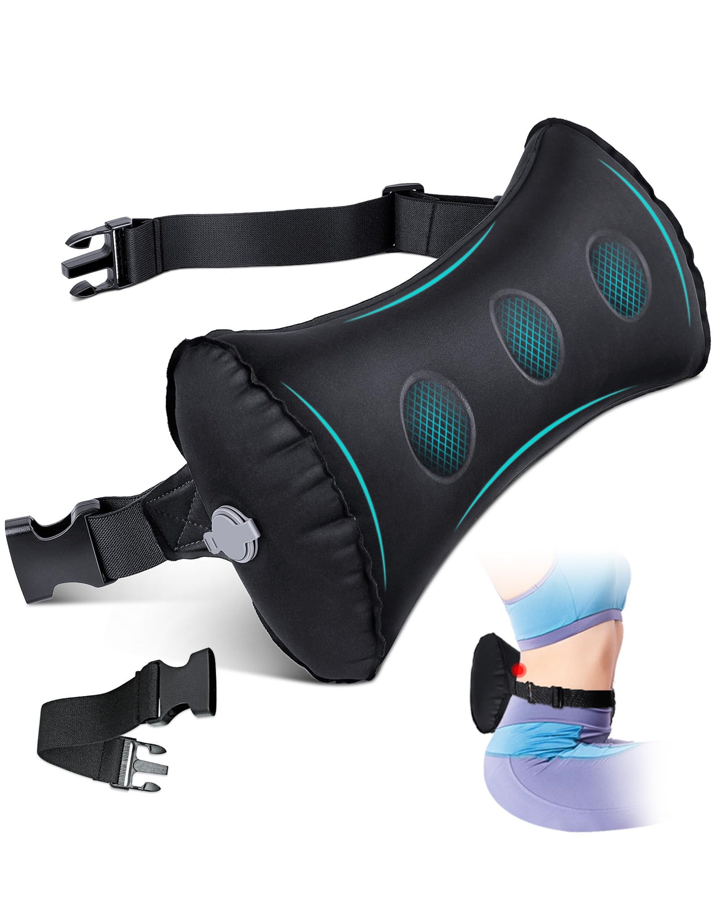 Inflatable Lumbar Pillow for Airplane Travel Lumbar Support Pillow for Car, Office Chair Back Support Office Chair Back Support for Reducing Lower Back Pain (Black)