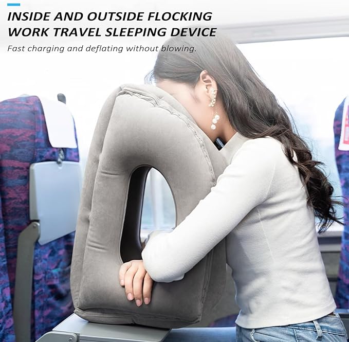 Inflatable Travel Pillow,U-Shaped JYSW Portable Airplane Pillow Multifunctional Neck and Head Support Lap Pillow for Airplanes Trains Buses and Office Napping with Eye Mask, Earplugs, Grey