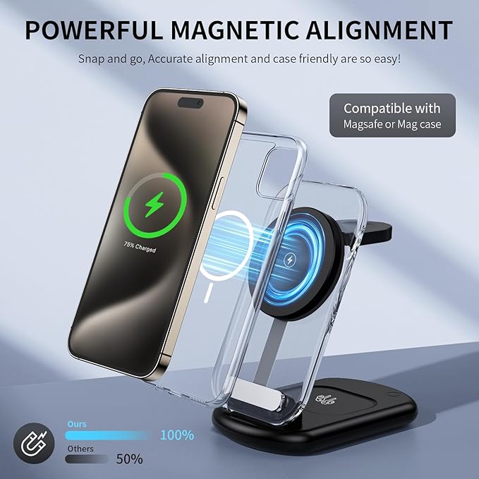 2025 Traveling Wireless Mag-Safe Fast Charging Station,Magnetic 3 in 1 Charger with Light for iPhone 17 16 15 14 13 12 Pro Max Plus,Apple Watch & Air pods 4 3 2 Pro-Gifts for Wife & Husband(Black)