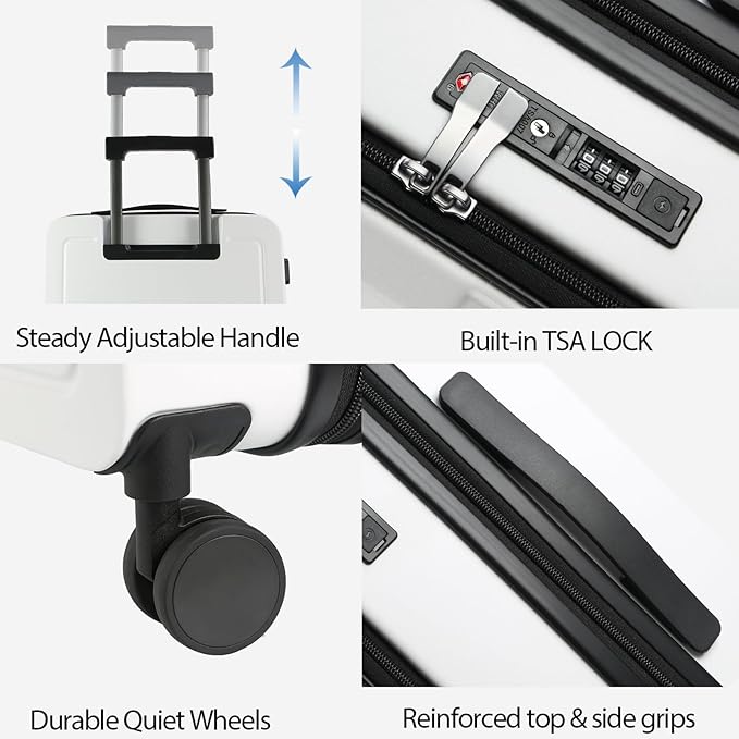 KROSER Carry On Luggage with Spinner Wheels & Built-in TSA Lock, Expandable Top Loading Hard Shell Suitcase Large Capacity Durable Rolling Luggage with USB Port, Carry-On 20-Inch, White