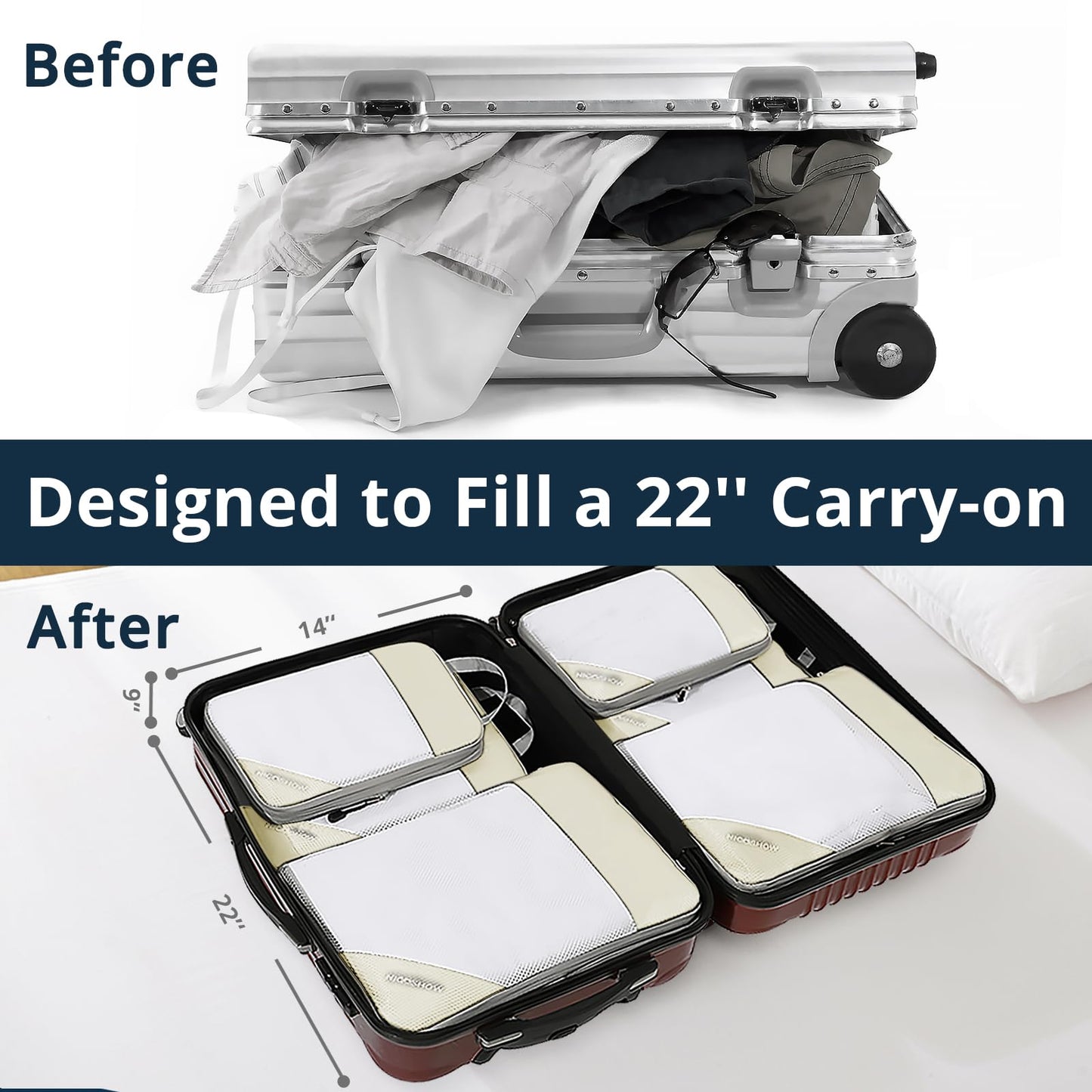 9 Set Compression Packing Cubes for Travel - Compressible, Lightweight, and Space-Saving Packing Cubes, Travel Essentials for Women, Beige