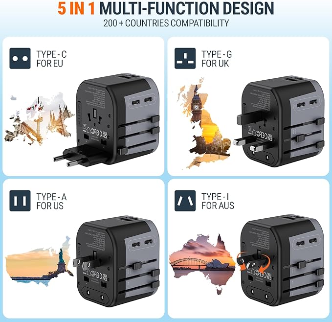 5 in 1 Universal Travel Adapter-10A | International Power Adapter with 2 USB C, 2 USB A Ports | 3.4A & 2400W Fast Portable Charger | Travel Adapter Worldwide Covering 200+ Countries- Black