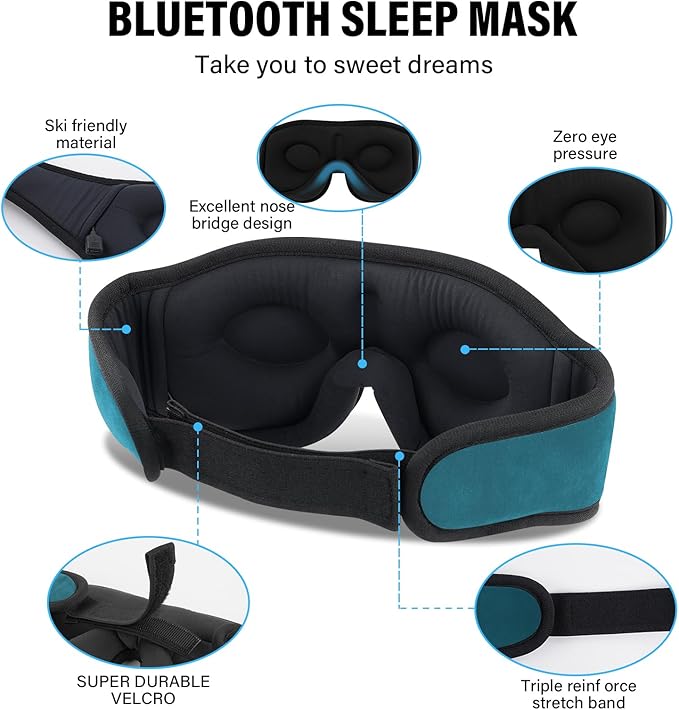 Sleep Mask with Bluetooth Headphones, 3D Sleep Mask Wireless Music Eye Mask for Sleeping Side/Back Sleepers Sleep Headphones Gift (Turquoise)