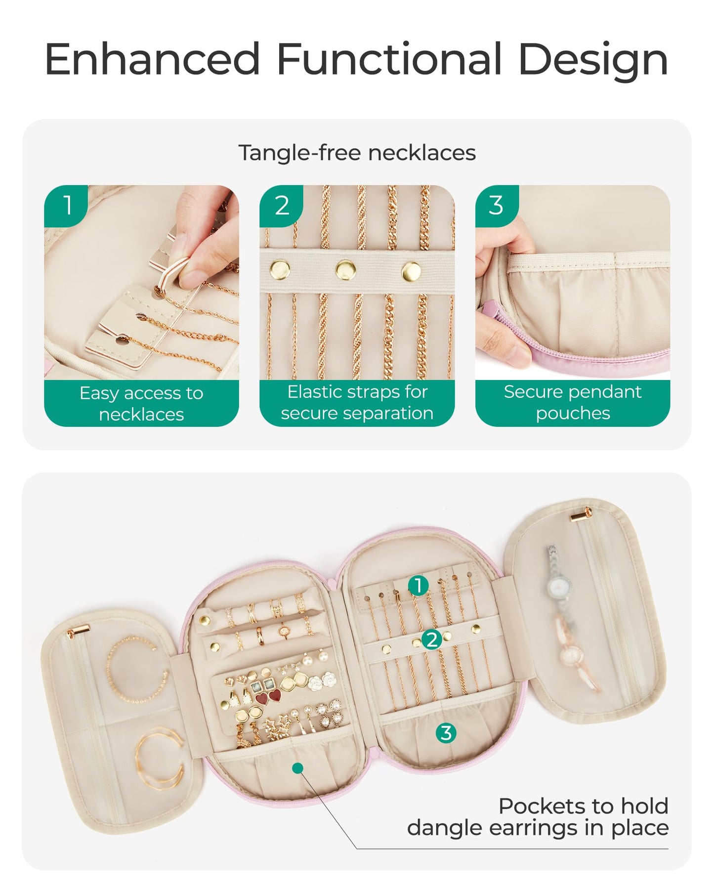 BAGSMART Travel Jewelry Case Jewelry Organizer Storage Roll Rings Necklaces Earrings Bracelets Brooches Watch Large Portable Light Pink