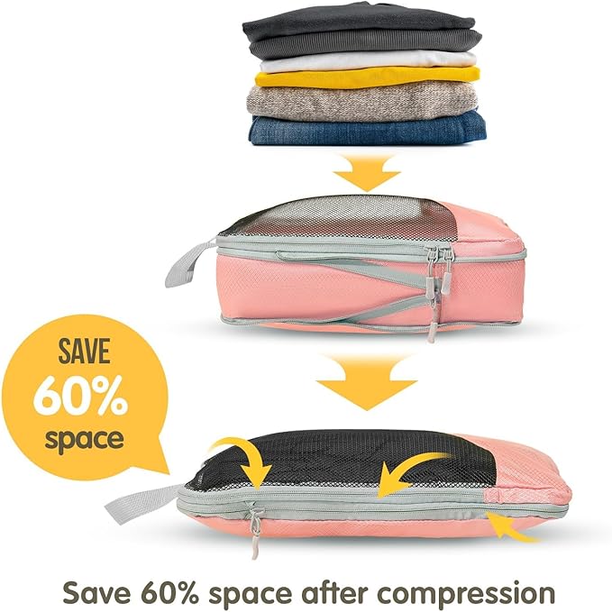 Compression Packing Cubes 8 Set, Dual Zipper Compression Packing Cubes for Travel, See-Through Mesh Packing Bags for Suitcases, packing cubes with shoe bag (Pink)
