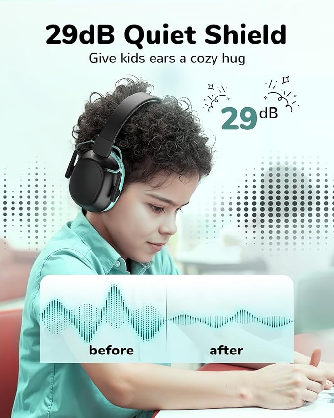 Kids Safety Earmuff Bluetooth 6.0, 29dB SNR Noise Reduction 94dB Lock Noise Cancelling Headphones (Black)