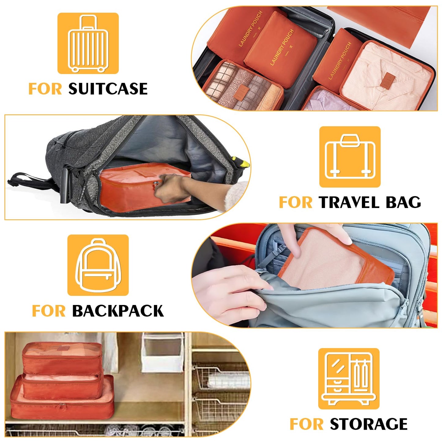 7 Set Packing Cubes for Travel Luggage Packing Bags Reusable Waterproof Suitcase Organizer Bags Set with Shoe Bag and Toiletry Bag (Orange)