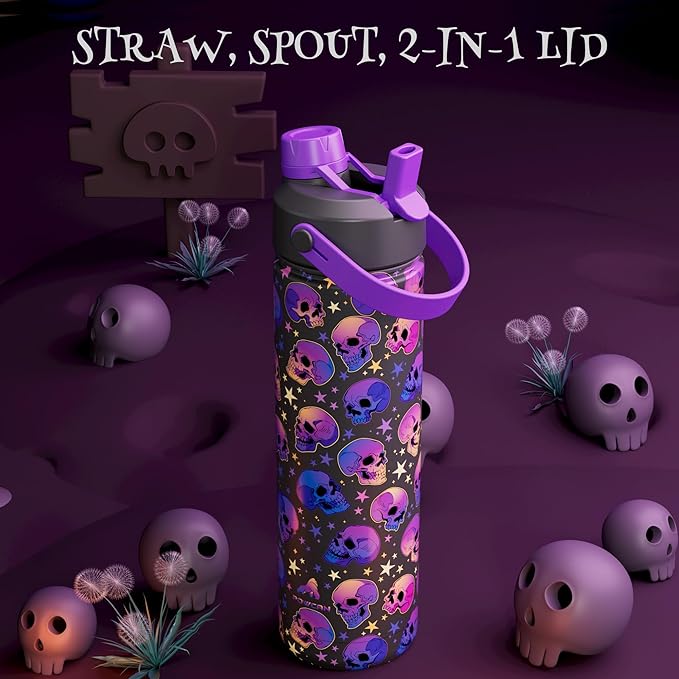 26 oz Halloween Insulated Water Bottle with 2-in-1 Straw and Spout Lid, Keep Cold 24H, Leak-Proof, Fits in Car Cup Holder, Stainless Steel Water Bottle for Gift, Trip, Holiday, Sports (Skull Realm)