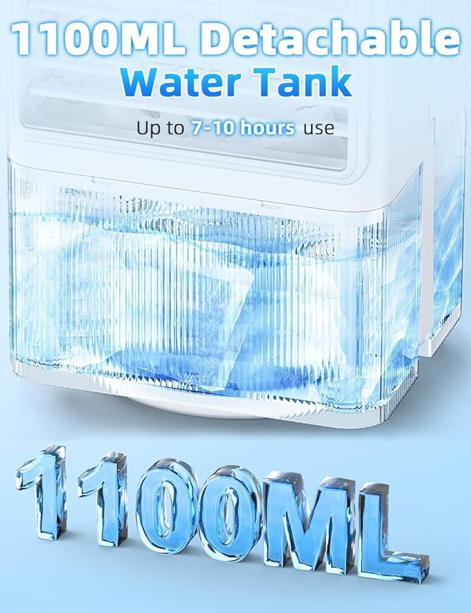 Small Air Conditioner w/ 3 Speeds&3 Modes, Remote, 1100ML Tank Humidifier, 8-Cube Ice Tray, 120° Oscillating, 4 IN 1 Portable Air Conditioners, 7-Color Light, 4H Timer Desk AC Unit for Bedroom