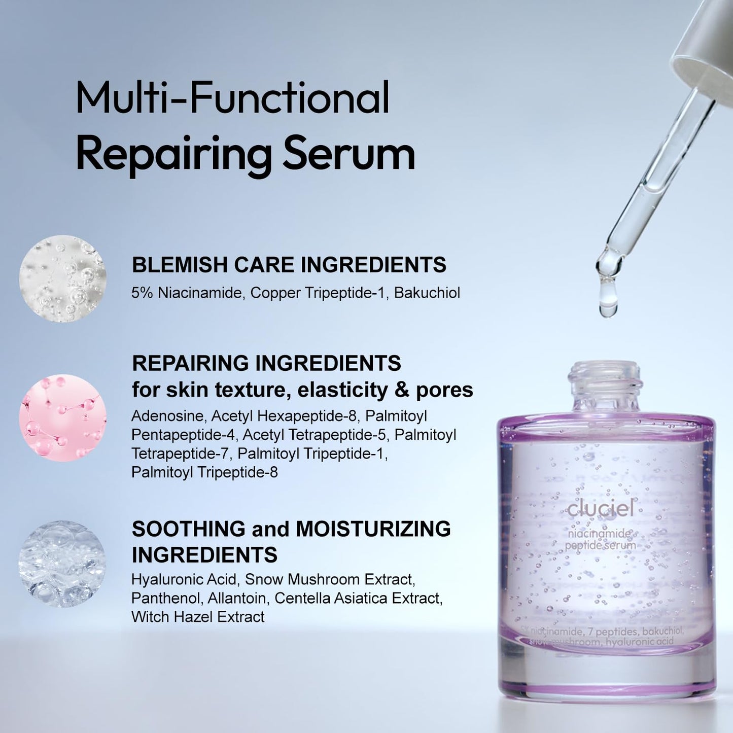 cluciel Niacinamide Peptide Serum I Repairing Serum, Targets Dullness, Dark Spots, Hyperpigmentation, Blemishes, Pore Care, Korean Glass skin (50ml / 1.69 fl.oz)
