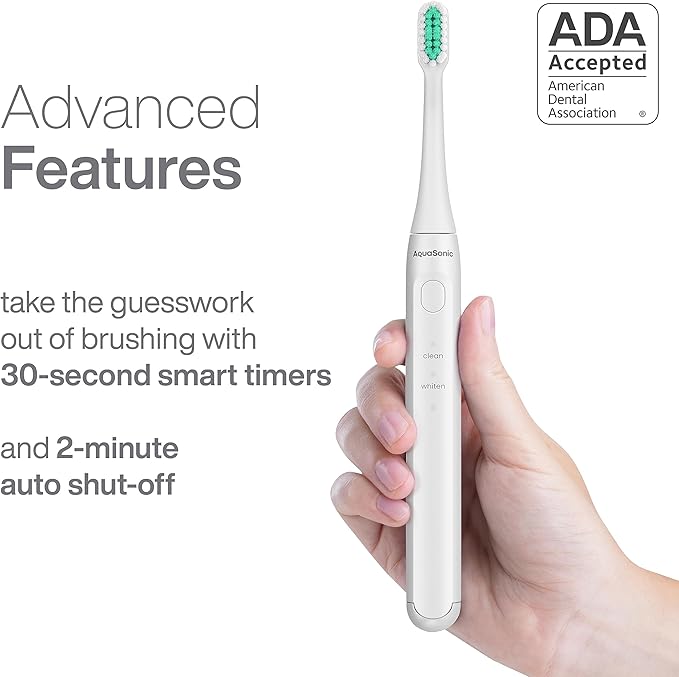 Aquasonic Icon ADA-Accepted Rechargeable Toothbrush | Magnetic Holder & Slim Travel Case | 2 Brushing Modes & Smart Timers | Gentle Micro-Vibrations (Pearl)