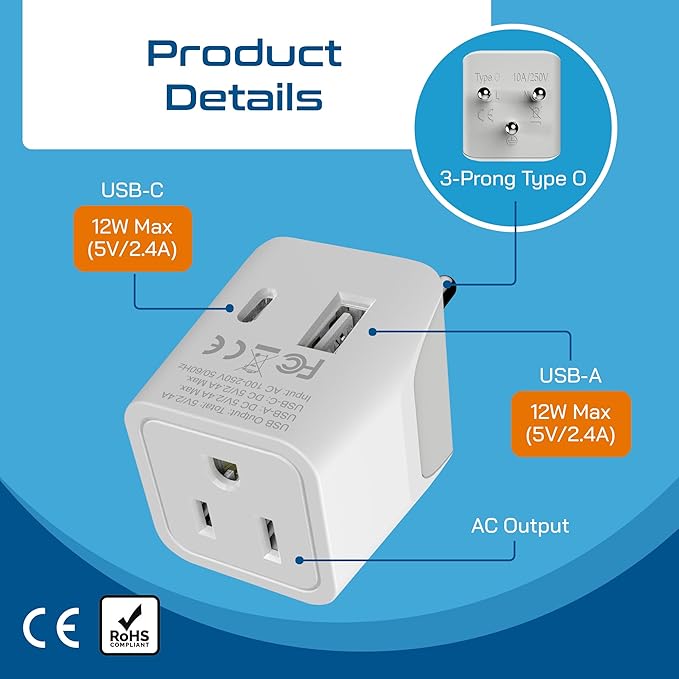 Ceptics Thailand Travel Plug Adapter – Type O Power Adapter with USB-C & A + USA Input – Ultra Compact,3-in-1 Safe Grounded Adapter Plug for Thailand