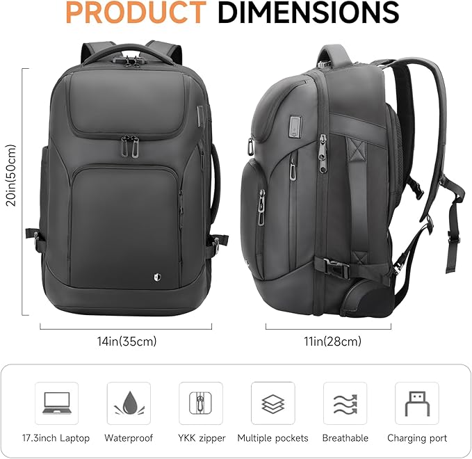 Backpack for Men,17.3" Anti Theft Convertible Laptop Backpack with Wheels,50L Rfid Personal Item Wheeled Backpack for Travel Business Work, Black