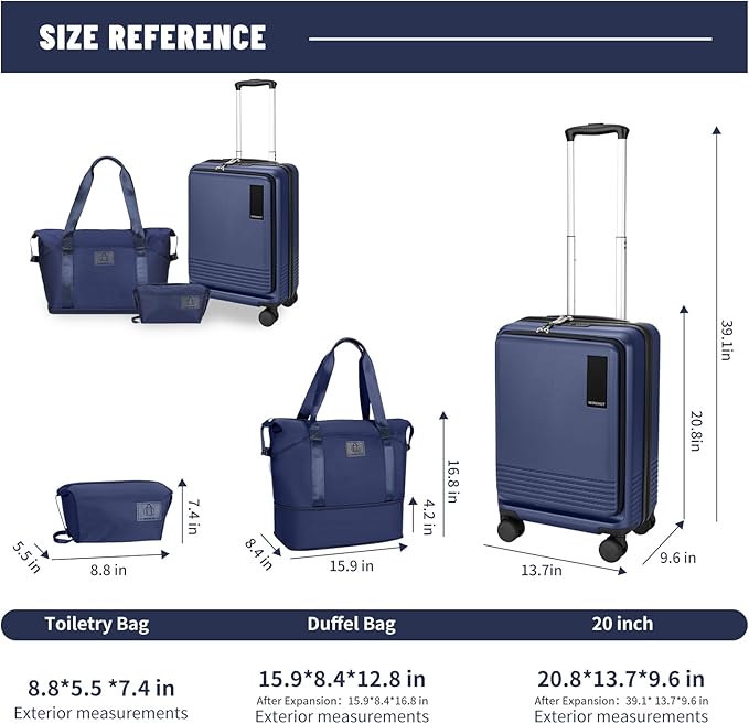 20 inch Small Carry On Luggage Front Open with Laptop Pocket, ABS+PC Hard Shell Suitcase with Spinner Wheels TSA Lock & YKK Zipper, 20in/Toiletry Bag/Handbag, Dark Deep Navy Blue