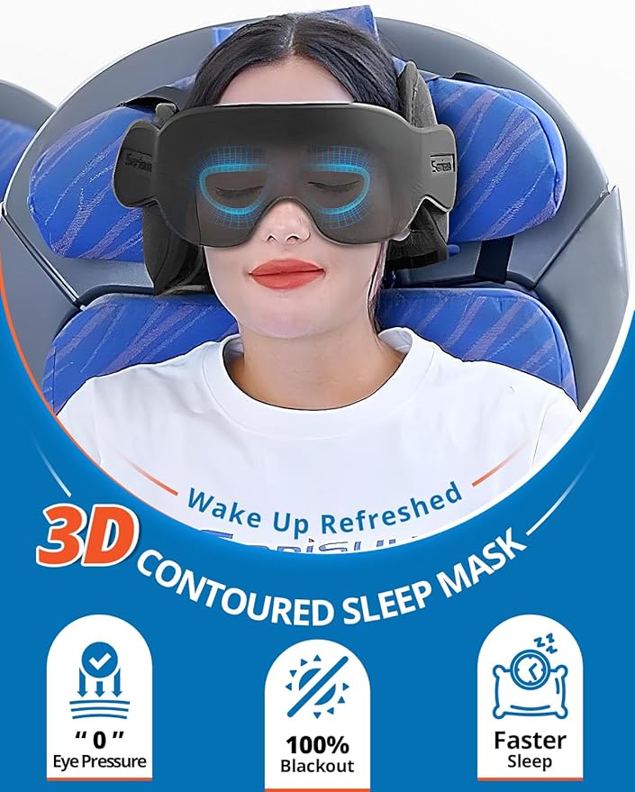 Travel Pillow Combo with Chin Strap, Airplane Pillows with 3D Eye Mask for Sleeping, 360° Support Plane Head Strap for All Plane Seats, Long Flights Essentials, Stop Bobblehead, Black