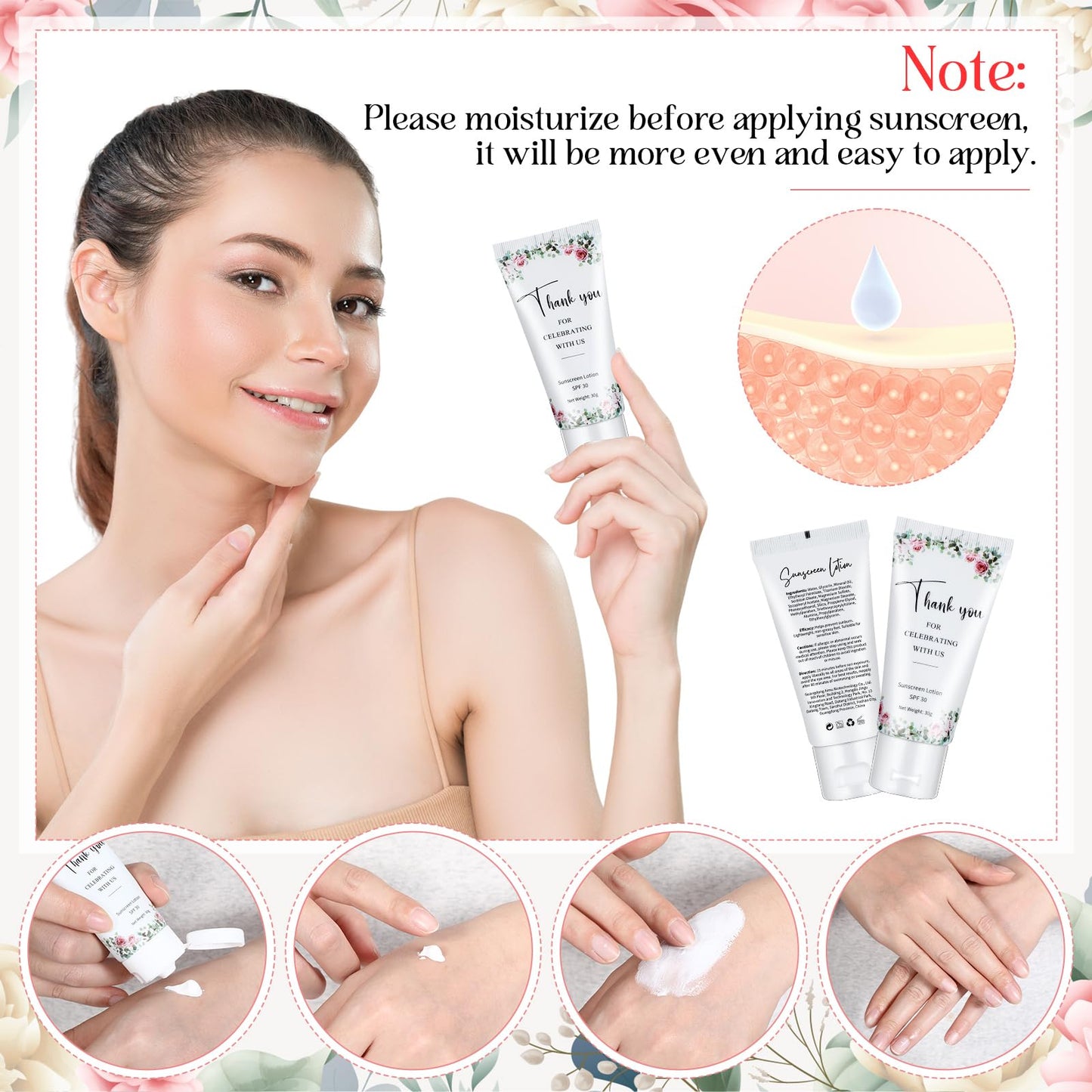 Dansib 24 Pcs Mini Sunscreen Bulk for Summer Wedding Party Spf 30 Water Resistant Sunscreen Lotion Bulk 1oz Travel Size for Thank You Gifts Wedding Party Supplies(White Cream,Floral)