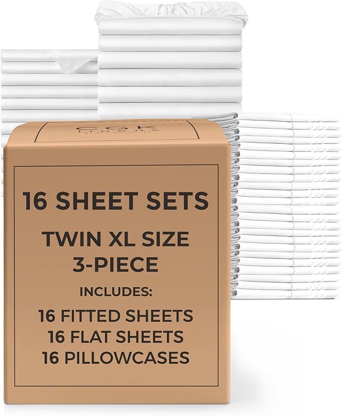Bulk Case Pack of 16 Sheet Sets - (16) Complete Twin XL Size Sheet Sets with Deep Pockets - Wholesale Bulk Bedding for Hotels, Spas & Airbnbs - Breathable, Cooling & Wrinkle Free - (Twin XL, White)