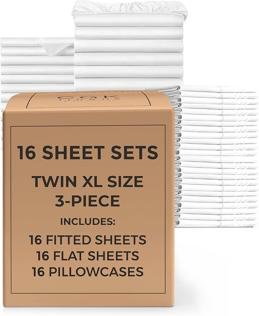 Bulk Case Pack of 16 Sheet Sets - (16) Complete Twin XL Size Sheet Sets with Deep Pockets - Wholesale Bulk Bedding for Hotels, Spas & Airbnbs - Breathable, Cooling & Wrinkle Free - (Twin XL, White)