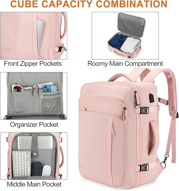 Carry on Travel Backpacks, Extra Large 40L Flight Approved Bag for Men & Women,Expandable Suitcase Backpack With 4 Packing Cubes,Water Resistant Luggage Daypack Business Weekender Bag,Pink