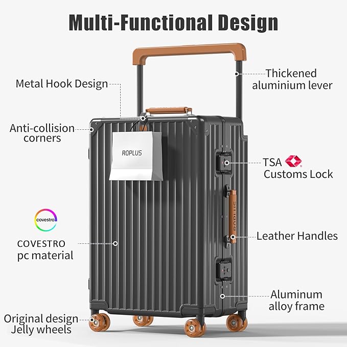 Aluminium Frame Checked-Luggage with Smooth Jelly Wheels, Hardside Zipperless Rolling Suitcase with TSA Lock (Grey, 24-Inch)