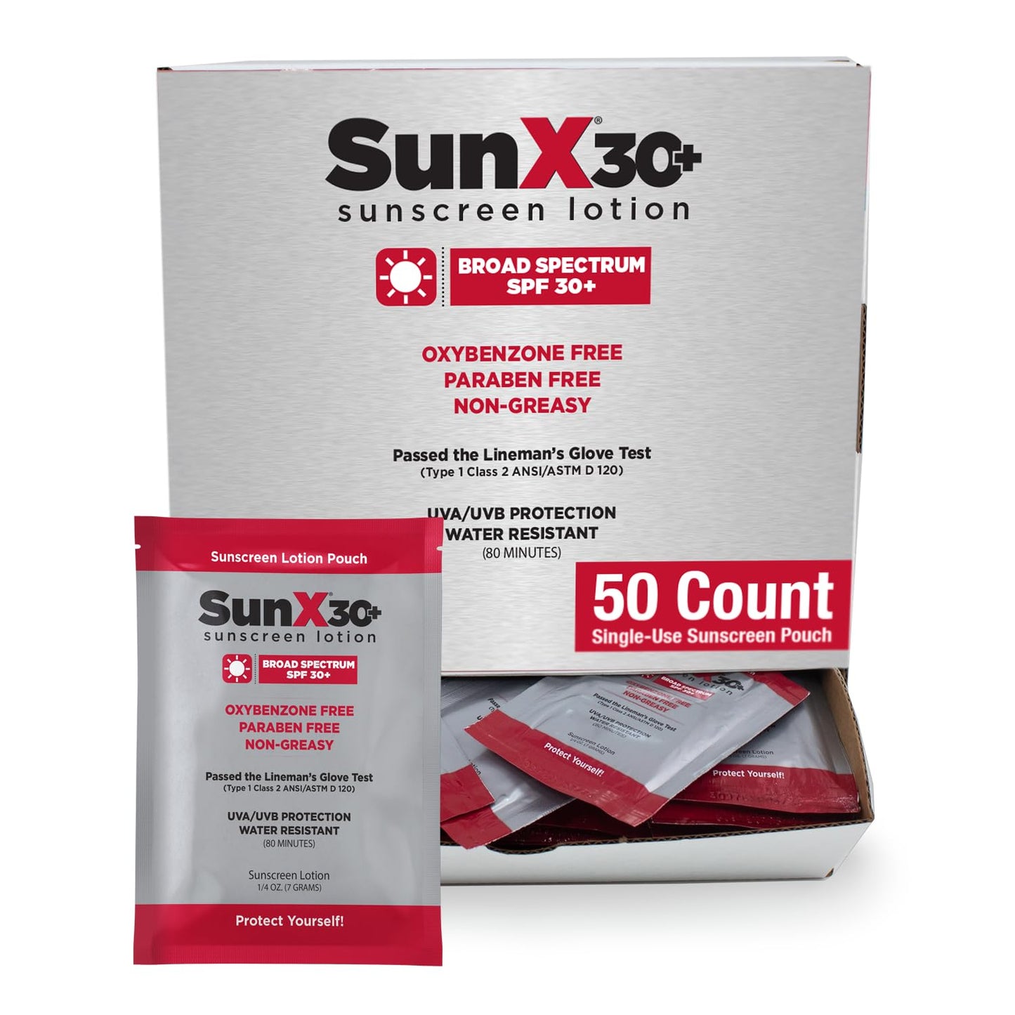 CoreTex Sun X 30+ SPF Individual Sunscreen Packets Travel Size - Pack of 50 Paraben, Oxybenzone, & Oil Free Broad Spectrum Sunscreen - No White Cast and Water & Sweat Resistant Up to 80 Minutes
