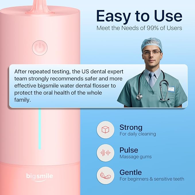 Bigsmile Pink Water Flosser Powerful Cordless Dental Irrigator for Kid Braces Travel Shower to Help Prevent Infections and Bad Breath Pick Floss IPX7 200ML (Pink)