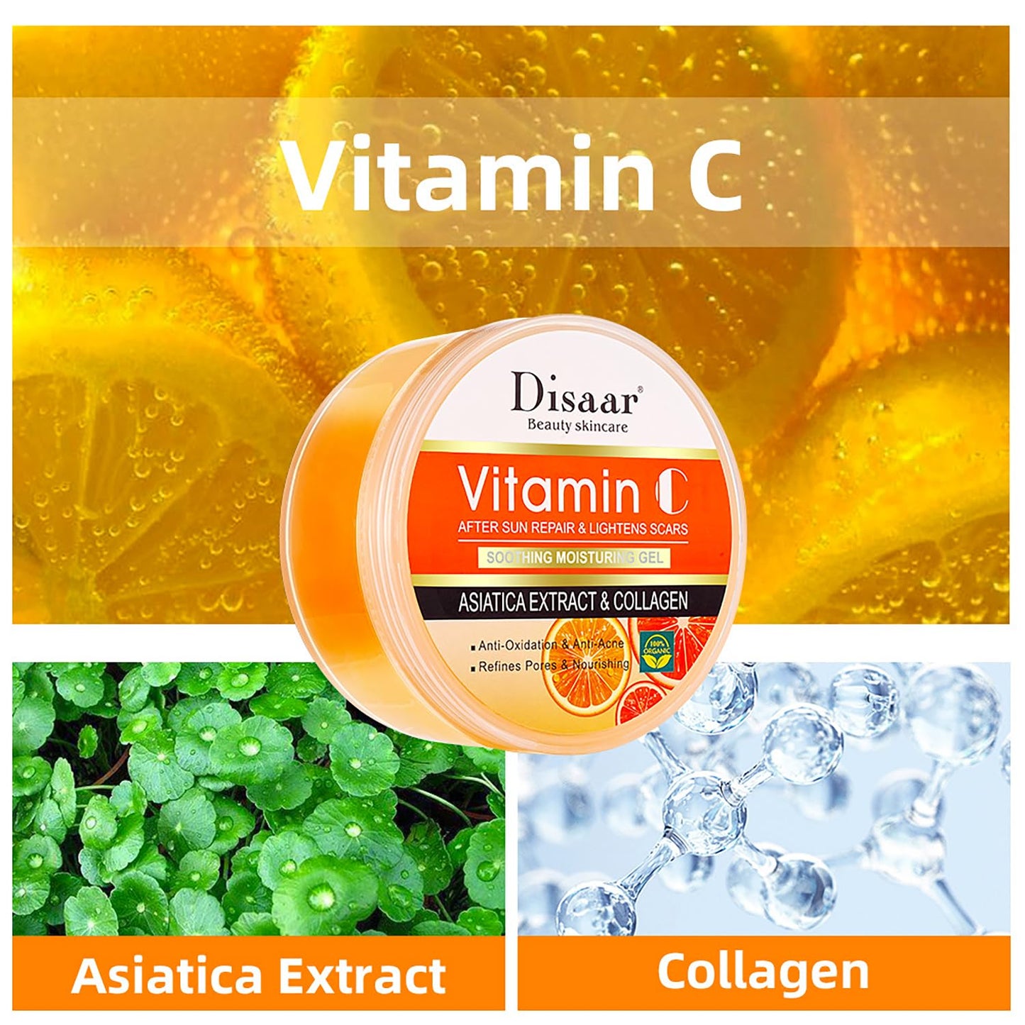 DISAAR Beauty Vitamin C Collagen Moisturizing Gel Orance Extract After Sun Repair Soothing Refines Pores Anti-Oxidation 300g / 10.14fl.oz