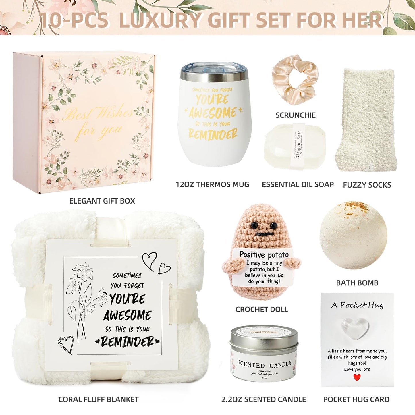 Birthday Gifts for Women, Luxury Spa Gift Basket with Blanket, Vanilla Coconut Self Care Set, Friendship Birthday Box for Mom, Sister, Wife, Best Friend, Coworker