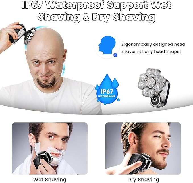 9D Head Shavers for Bald Men: Upgraded 6 in 1 Detachable Bald Head Shavers with LED Display - Wet/Dry Electric Razor for Men - Travel Lock Electric Shaver Grooming Kit with Type-C Charge
