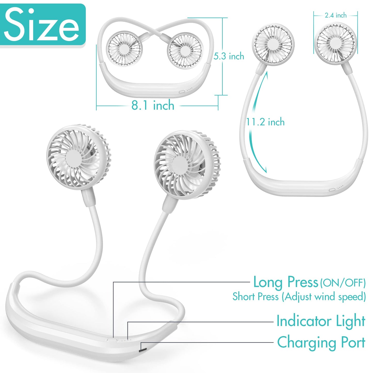 Portable Neck Fan, 2600mAh Battery Operated Ultra Quiet Hands Free USB Fan with 3 Speeds, Strong Wind, 360° Adjustable High Flexibility Wearable Personal Fan for Home Office Outdoor Travel (White)