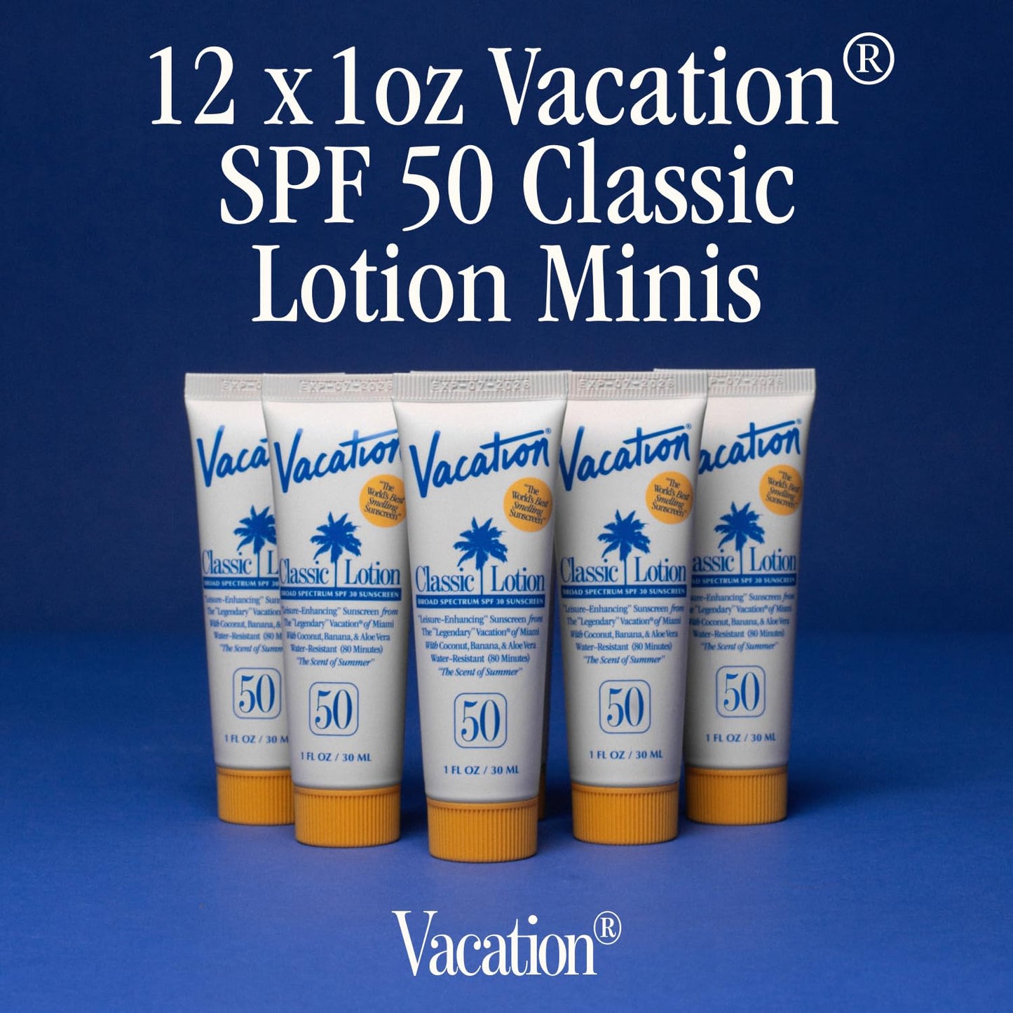 Vacation Mini Classic Lotion SPF 50, Water-Resistant, Mini Sunscreen Bulk Party Favor, Beach Must Haves, Traveling Essentials, Suntan Lotion Travel Size, 1 Fl. Oz. (Value Pack of 12)