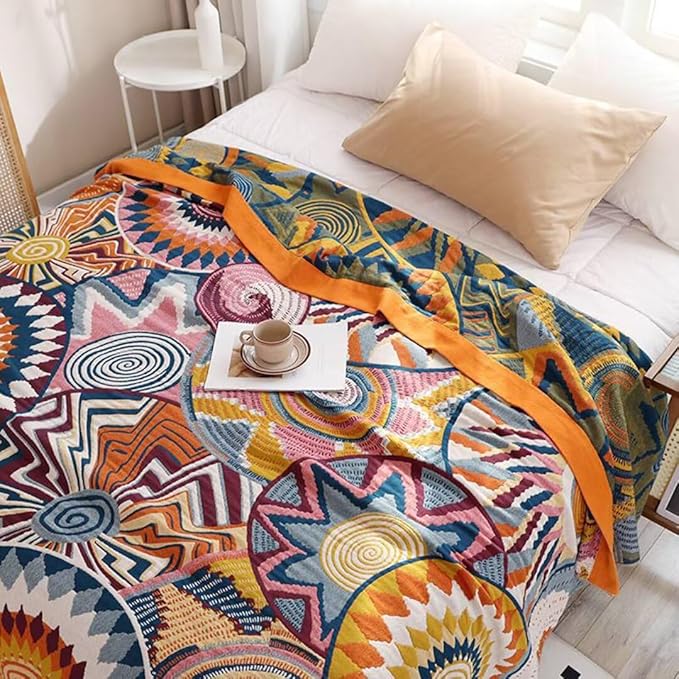 Boho Throw Blanket for Bed Couch, 100% Cotton Bohemian Cotton Blankets, Ultra Soft Woven Muslin Blankets Travel Picnic Versatile Knitted Blanket for Sofa Chair, 50"x60"