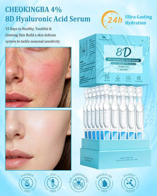 4% Hyaluronic Acid Serum for Face, 8D Multi-Layer Hydration, Ultra Hydrating Anti-Aging Serum with 20,000ppm Acetyl Hexapeptide-8, Korean Skincare Single-Use Ampoule for Dry & Sensitive Skin, 30pcs