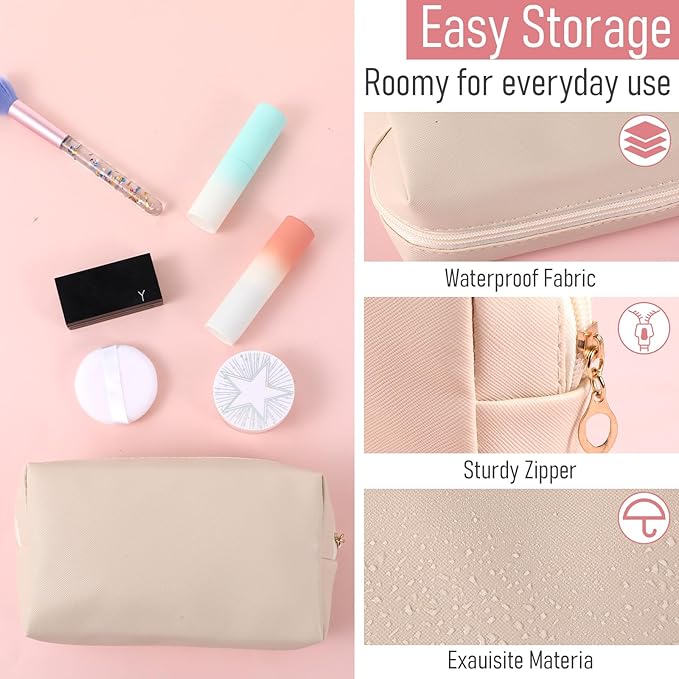 8 Pcs Makeup Bag Pu Leather Cosmetic Pouch Waterproof Small Toiletry Bag Portable Cosmetic Organizer Water Resistant Storage Purse for Lady Women Daily Storage Travel Organizer (Beige,Medium)