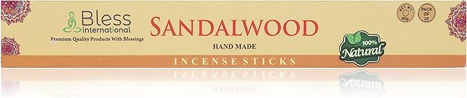 Bless-Sandalwood 100%-Natural-Handmade-Hand-Dipped-Incense-Sticks Organic-Chemicals-Charcoal-Free Purification-Relaxation-Positivity-Yoga-Meditation Best-Woods-Scent (25 Sticks (1.4 OZ))