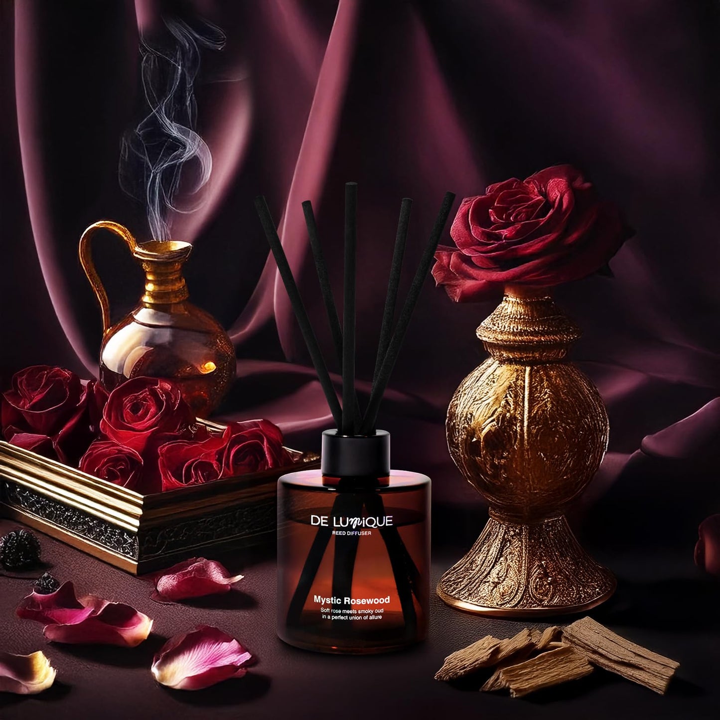 De Lumique Mystic Rosewood Reed Diffuser for Bathroom – Bathroom Diffuser with Sticks – Long-Lasting Scent with Oud, Damask Rose & Saffron Home Fragrance Decor – 150ml